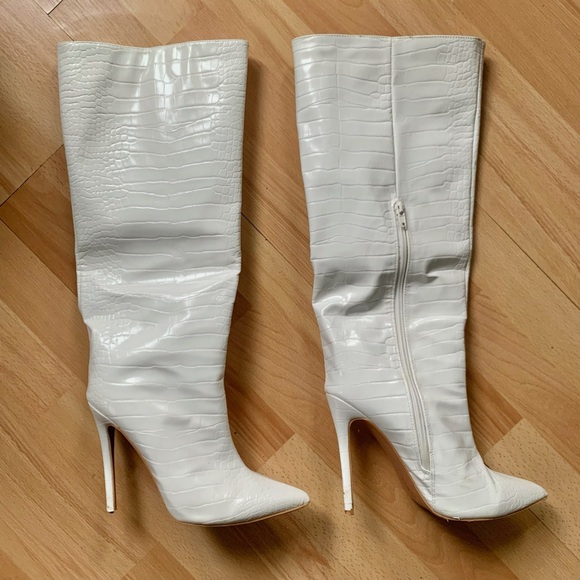 White Knee-High croc print stiletto PLT Boots - Picture 3 of 9